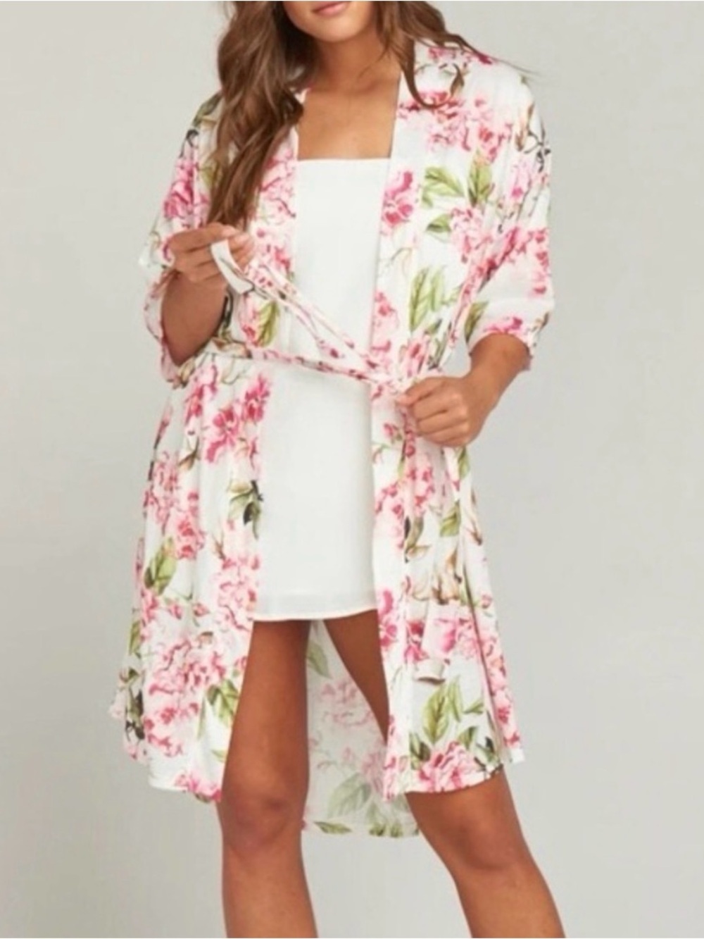 Show Me Your Mumu Floral Kimono Robe Cardigan OS White Pink Green Belted Boho